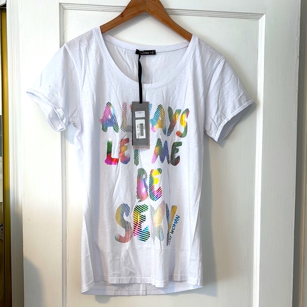 White Graphic T-Shirt with Colorful print , Sexy Woman, Made in Italy, S